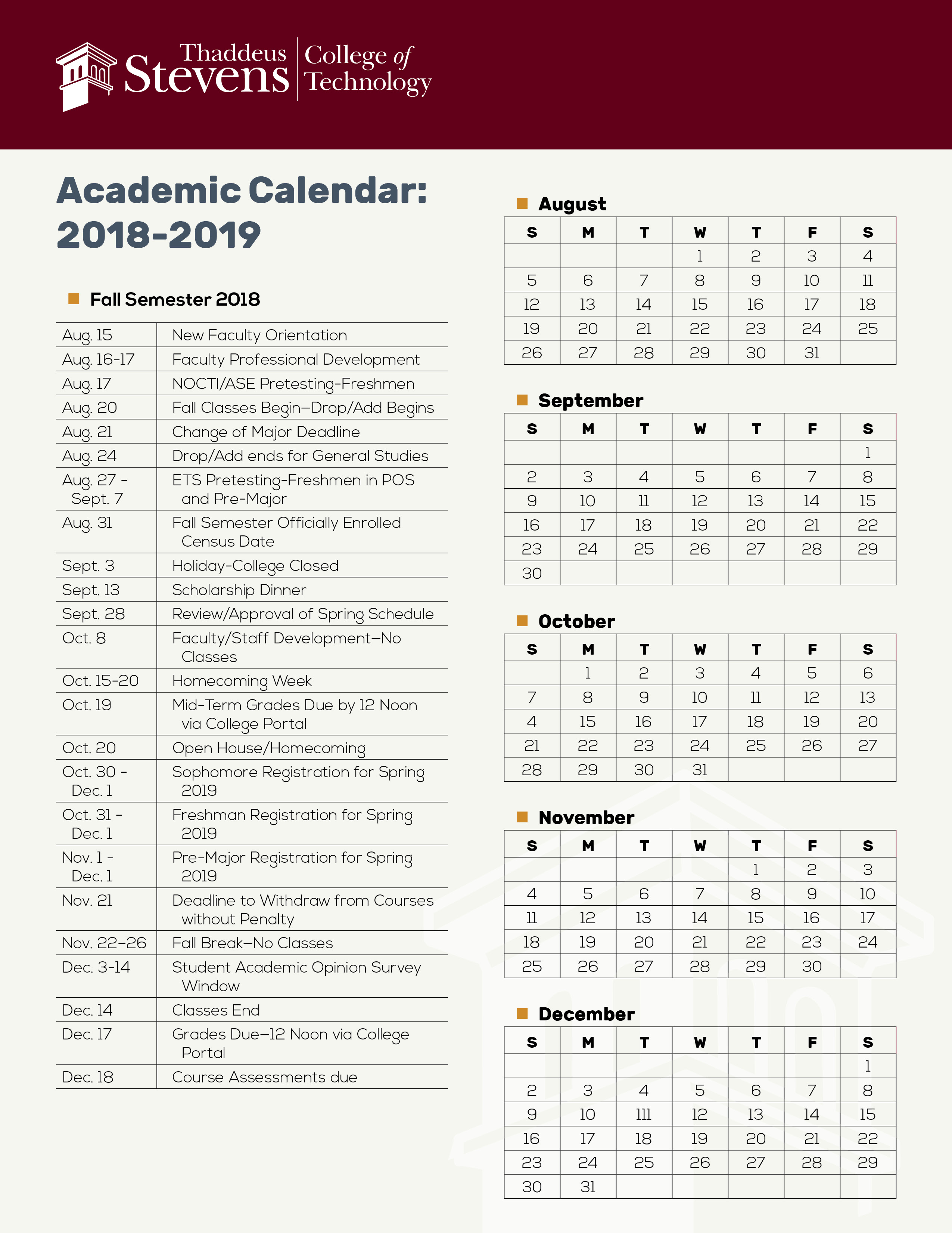 College Calendar Thaddeus Stevens College